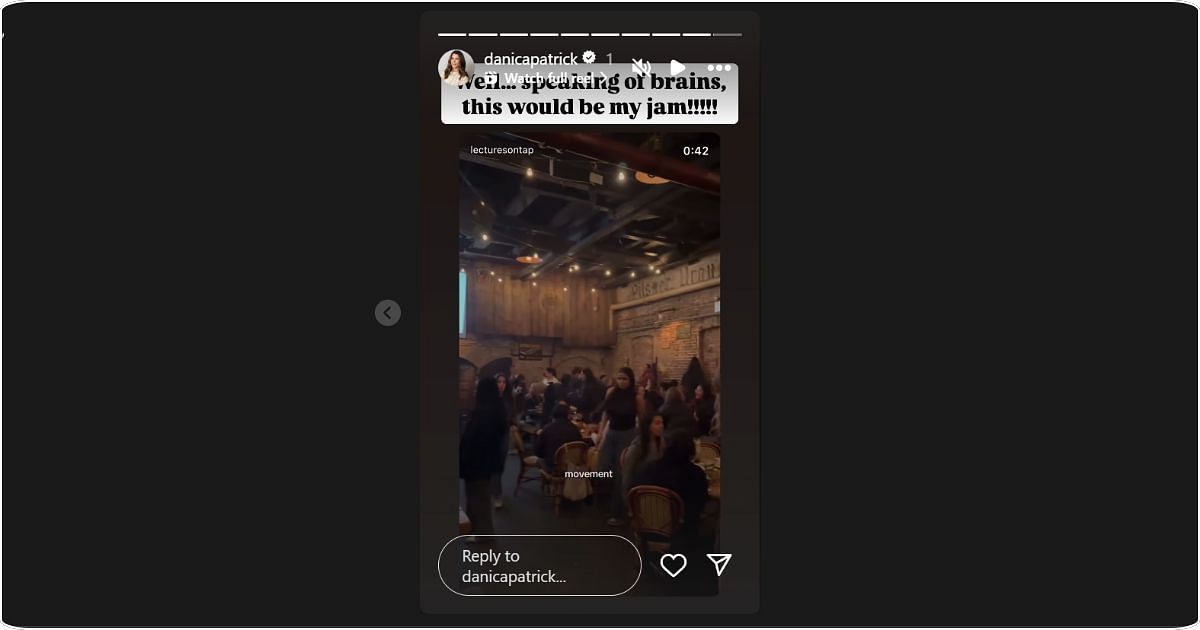Danica Patrick shares a post about lectures in a beer house. Image: @danicapatrick via Instagram